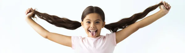 Chica Feliz Mostrando Lengua Fondo Blanco Pared — Foto de Stock