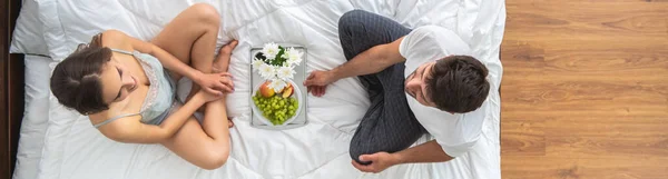 Man Woman Having Breakfast Bed View — Stock Photo, Image