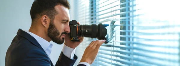 Man Camera Photographing Blinds — Stock Photo, Image