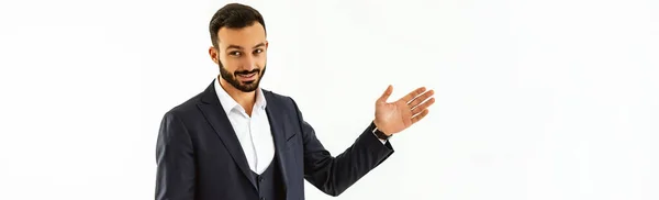 Hombre Negocios Haciendo Gestos Sobre Fondo Blanco Pared — Foto de Stock