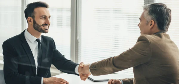 Two Happy Businessmen Handshaking Glass Office — Stock Photo, Image
