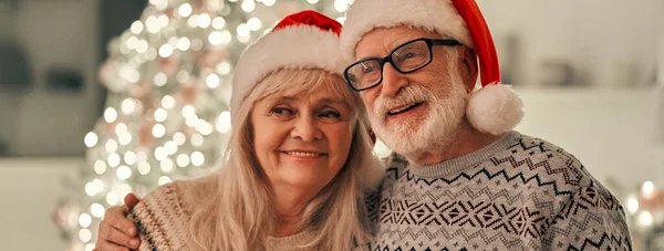 Det Glada Gamla Paret Röd Hatt Står Nära Julgranen — Stockfoto