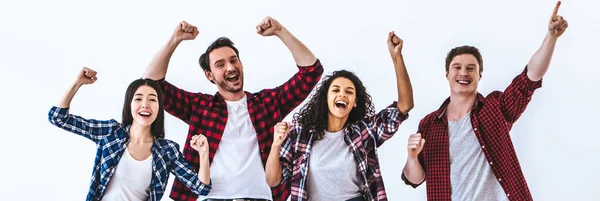 Happy Four People Gesturing White Wall Background — Stock Photo, Image