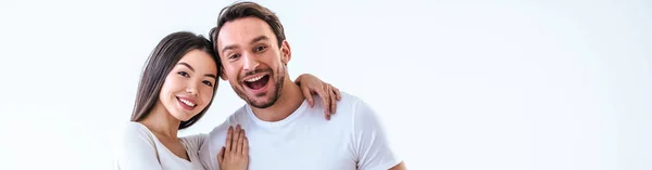 Hombre Feliz Una Mujer Pie Sobre Fondo Blanco —  Fotos de Stock