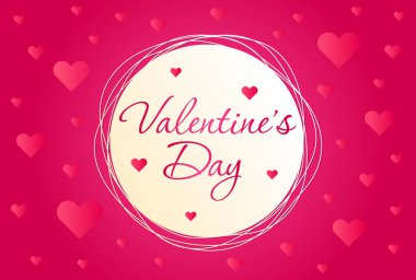 14 Şubat Sevgililer Günü 'nün temsili temsilcisi. Sevgililer günü. Yazılı pankart, yuvarlak çerçeve ve pembe arka planda kalpler. Sevgililer günü kartları, sosyal medya, posterler, reklamlar.