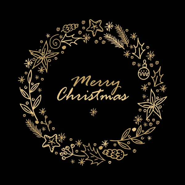 手绘圣诞花环云杉枝条 紫丁香和一颗圣诞星的原始粗犷的线性风格 黑色背景上的金元素矢量图解 祝圣诞快乐 — 图库矢量图片