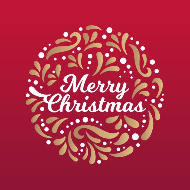 Mutlu noel kartları. Xmas vektör amblemi. Yuvarlak bir çerçevedeki yazı şablon ve süs ile birlikte. Retro tarzı. Mutlu Noeller karşılama logosu. Kırmızı, beyaz ve altın rengi. Noel selamlaması