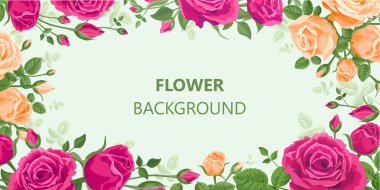 Çiçek arkaplan. Güller, tomurcuklar ve yapraklar kopyalanmış eski tarzda. Pembe, kırmızı, mor, turuncu renkler, çiçek desenli güller. Hassas renkler. Yatay yaz afişi