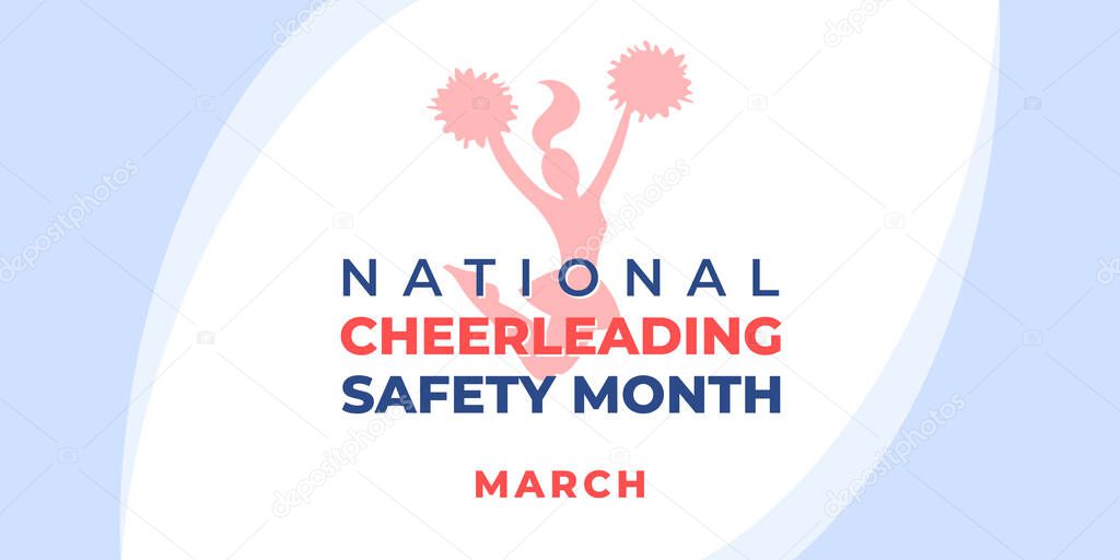 National Cheerleading Safety Month.Vector banner, poster, flyer, greeting card for social media. Silhouette of a bouncing cheerleader girl with pompoms and text