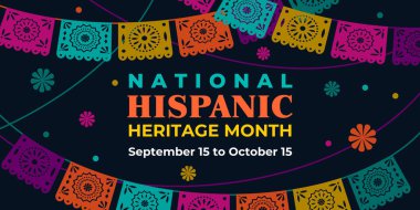 Hispanic heritage month. Vector web banner, poster, card for social media, networks. Greeting with national Hispanic heritage month text, Papel Picado pattern, perforated paper on black background clipart