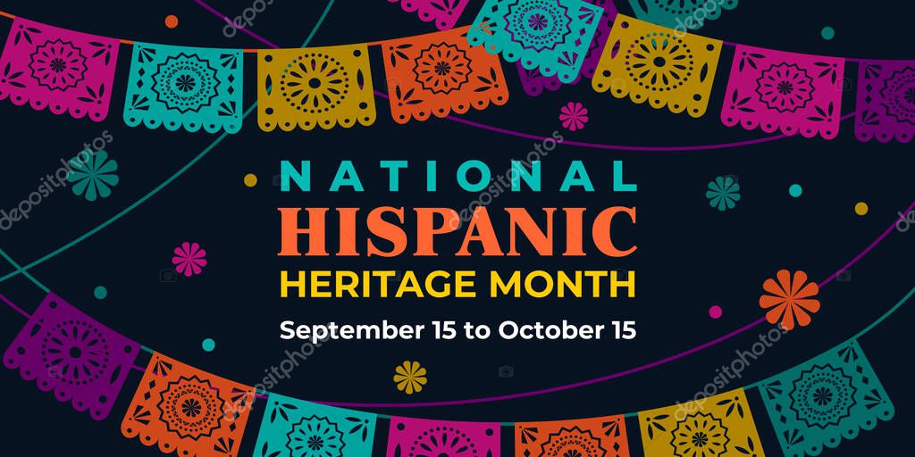 Hispanic heritage month. Vector web banner, poster, card for social media, networks. Greeting with national Hispanic heritage month text, Papel Picado pattern, perforated paper on black background