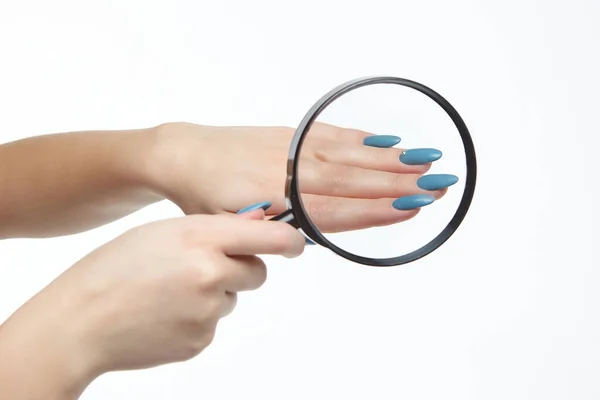Hands Young Young Girl Manicure Shown Magnifying Glass — Stock Photo, Image
