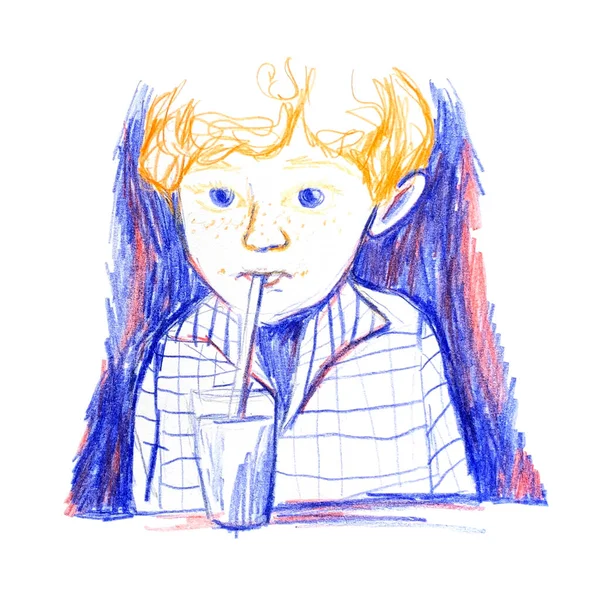 Rude Włosy Ładny Mały Chłopiec Ilustracja Ołówek Utopić Kolorowe Dzieła — Zdjęcie stockowe