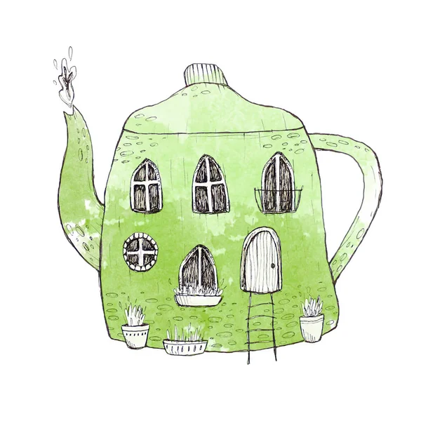 Nette Illustration Mit Großem Teekannenhaus Liebenswertes Wohnkonzept Mit Grüner Teekanne — Stockfoto