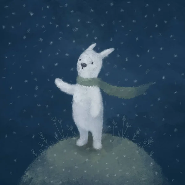 Adorable illustration with white bunny staying on little planet under snow. Cute cozy concept of little prince. Bunny with the scarf and falling snowflakes around him. Childish watercolor style