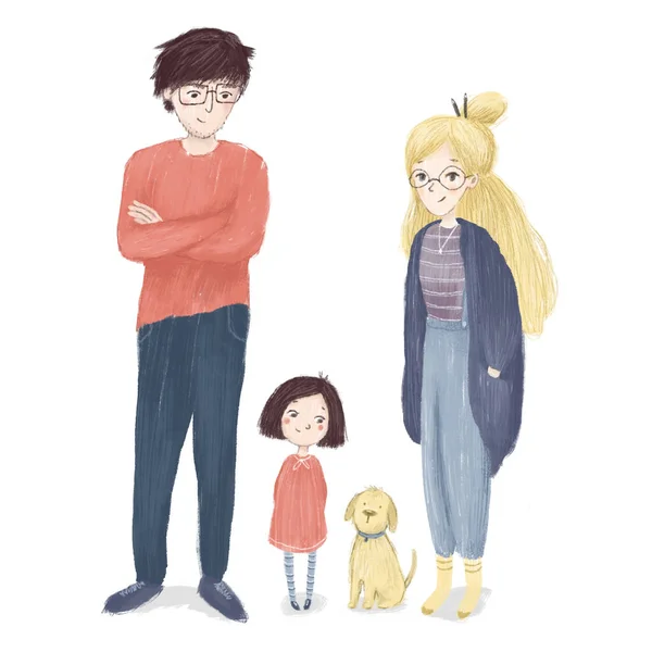 Illustration Med Glada Familjefigurer Mor Far Dotter Och Liten Valp — Stockfoto