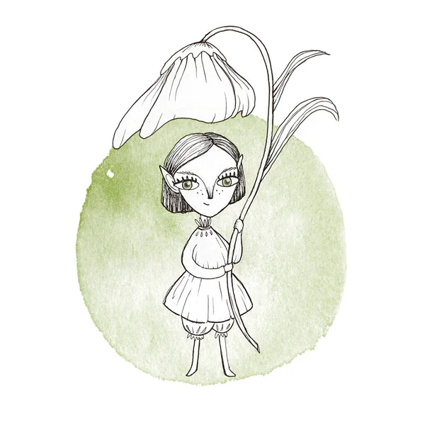 Illustration with cute fairy elf girl and big flower as like umbrella. Cartoon kawaii hand drown sketch watercolor artwork. Fantasy forest elf girl with big eyes. For coloring page, book and design