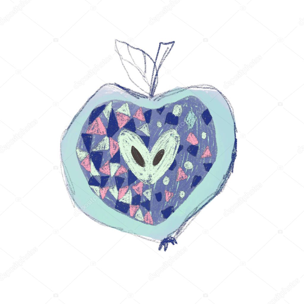 Apple hand drown doodle illustration in sketch style. Single fruit colorful concept. Blue pencil artwork on white background. For logo, design, blog, print, t-shirt, phone cases