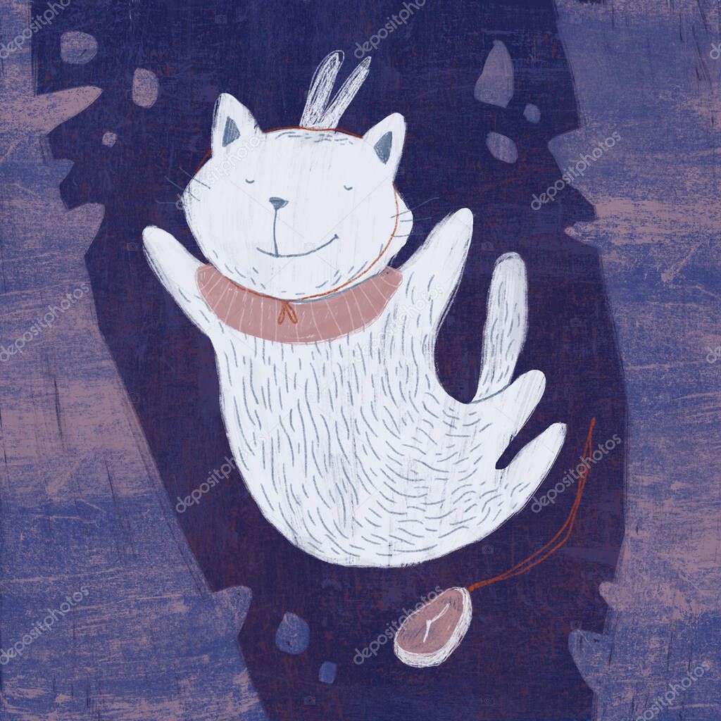 Cute adorable white cat character flying in dark cave. Cheshire Cat and White Rabbit concept. Hand drown pencil and texture illustration in childish style. For children book, poster, design