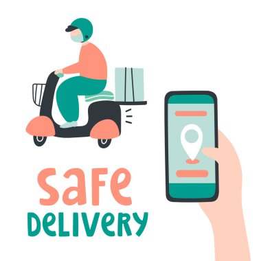 Vektör ilüstrasyon güvenli teslimat servisi. Scooter 'lı, koruyucu maskeli kurye genç adam. Çevrimiçi dağıtım. Konumu olan el ele tutuşan telefon. Koronavirüsten korunmak için kontaksız teslimat