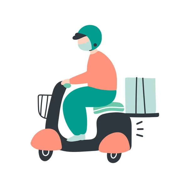 Vector Illustration Sicherer Lieferservice Kurierfahrer Junger Mann Mit Mundschutz Auf — Stockvektor