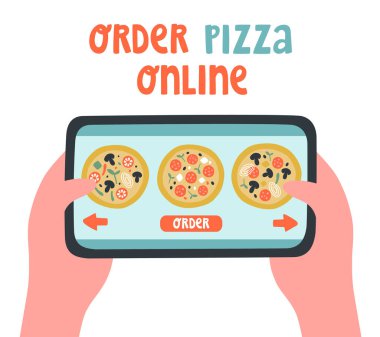Cep telefonundan veya tabletten pizza siparişi veren vektör illüstrasyonu. Pizza teslimat servisinin konsepti. Sevimli karalama harfleriyle uygulamalı e-ticaret. Ekranda üç çeşit pizza var.