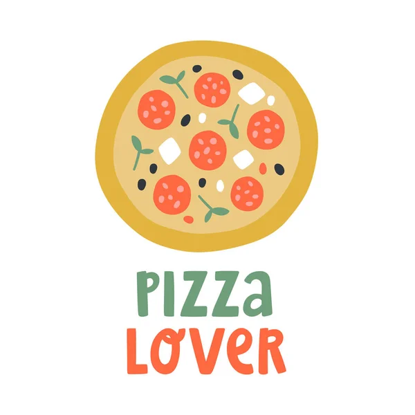 Pizza Elle Boğulan Sevimli Vektör Illüstrasyonunda Pizzacı Yazıyor Çizgi Film — Stok Vektör