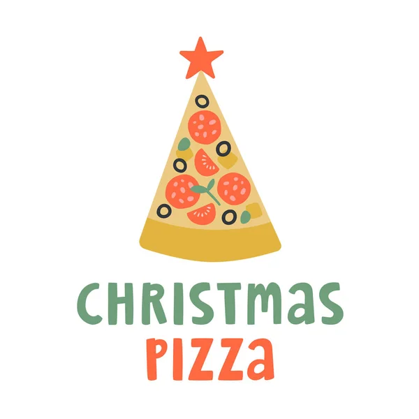 上に赤い星のクリスマスツリーのようなピザスライスのかわいいドアイラスト テキストレタリング クリスマスピザ と休日のコンセプト デザインメニュー ポスター プロモーション パーティー招待のためのベクトルアートワーク — ストックベクタ
