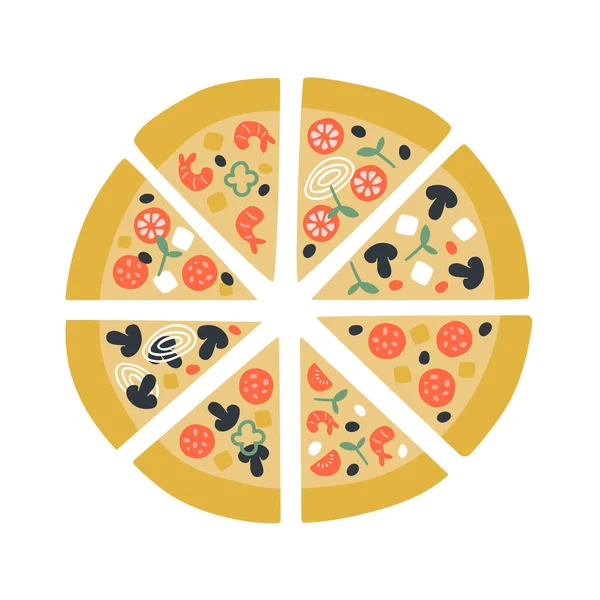 Χαριτωμένη Διανυσματική Απεικόνιση Φέτες Πίτσα Νόστιμο Νόστιμο Ιταλικό Παραδοσιακό Φαγητό — Διανυσματικό Αρχείο