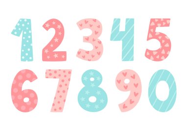 Sayılı şirin vektör seti. Pastel mavisi pembe renkli el çizimi. Karikatür ve karikatür tarzı. Çocuksu bir şekilde mutlu yıllar için mükemmel bir tasarım. Bebek kız doğum günü konsepti