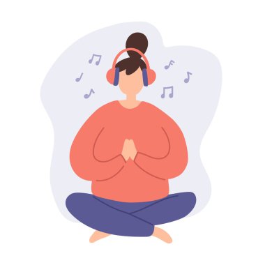 Konsept tasarım için kadın meditasyonu. Kadın vücut sağlığı illüstrasyonu. Çizgi film kadın karakteri meditasyon yapıyor ve kulaklıkla müzik dinliyor. Müzik terapisi. Sakinleş ve rahatla.