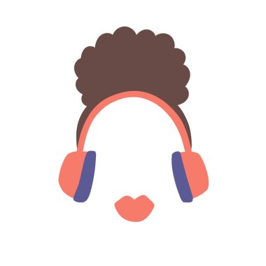 Kadın podcast konseptiyle vektör illüstrasyonu. Yayın programı ya da radyo sunucusu için logo tasarımı. Büyük kulaklıkları ve kırmızı dudakları olan Afrikalı kıvırcık kadın karakter. Müzik caz gösterisi. Çizgi film düz çizim