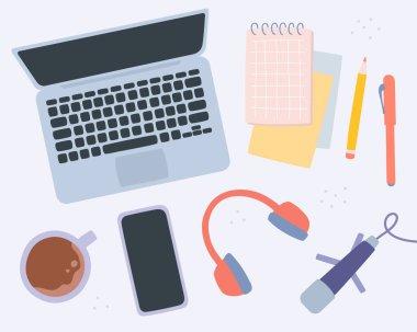 Podcast stüdyosu, her amaç için harika bir tasarım. İş yeri radyo sunucusuyla vektör düz çizim. Tek ses şovu. Dijital iletişim. Mikrofon ve dizüstü bilgisayar. Bloglama veya müzik kaydetme kavramı