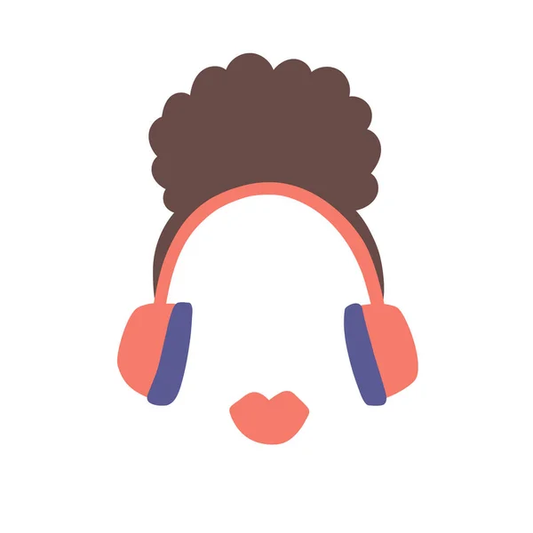 女性のポッドキャストのコンセプトとベクトルイラスト 放送番組やラジオホストのためのロゴデザイン 大きなヘッドフォンと赤い唇を持つアフリカの巻き女性の文字 音楽ジャズショー 漫画平画 — ストックベクタ