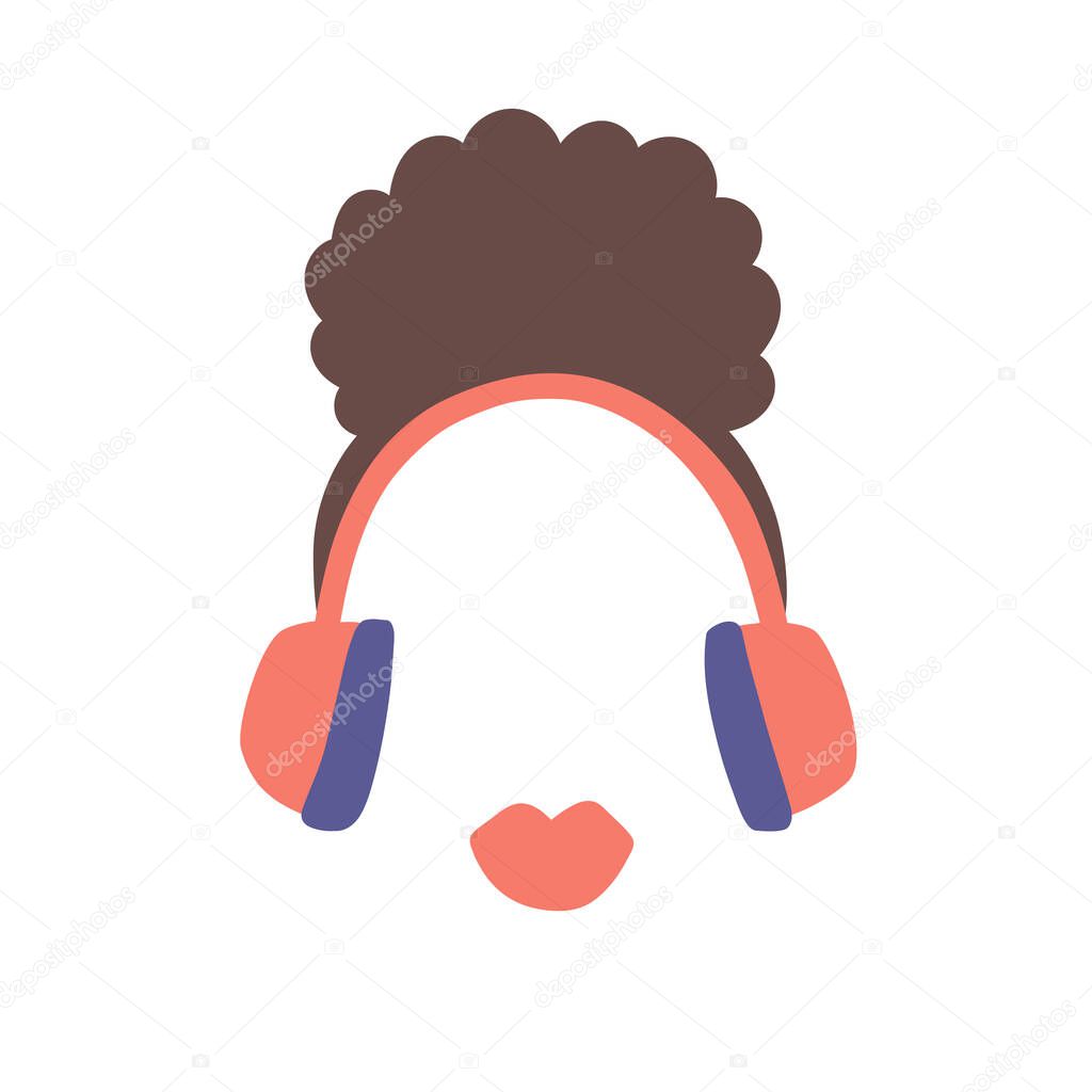 Vector illustration with women podcast concept. Logo design for broadcast show or radio host. African curly female character with big headphones and red lips. Music jazz show. Cartoon flat artwork