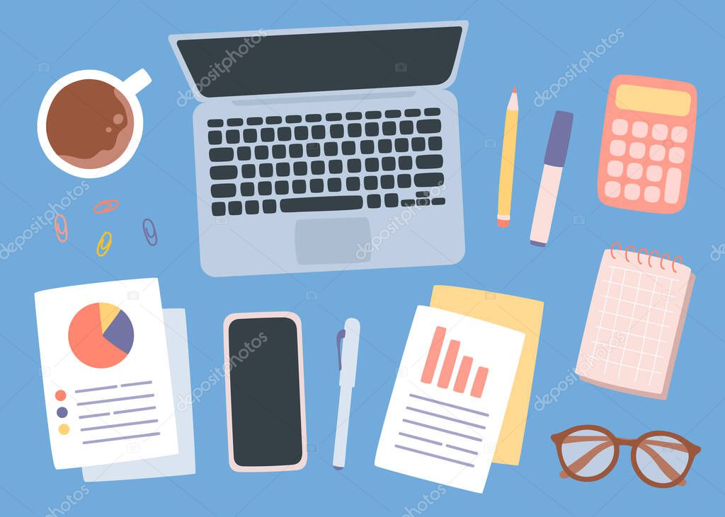 Flat workspace top view for design. Vector illustration of business work flow gadgets. Glasses, laptop, coffee mug, calculator, phone, paper, notebook, documents with diagram. Financial analytics