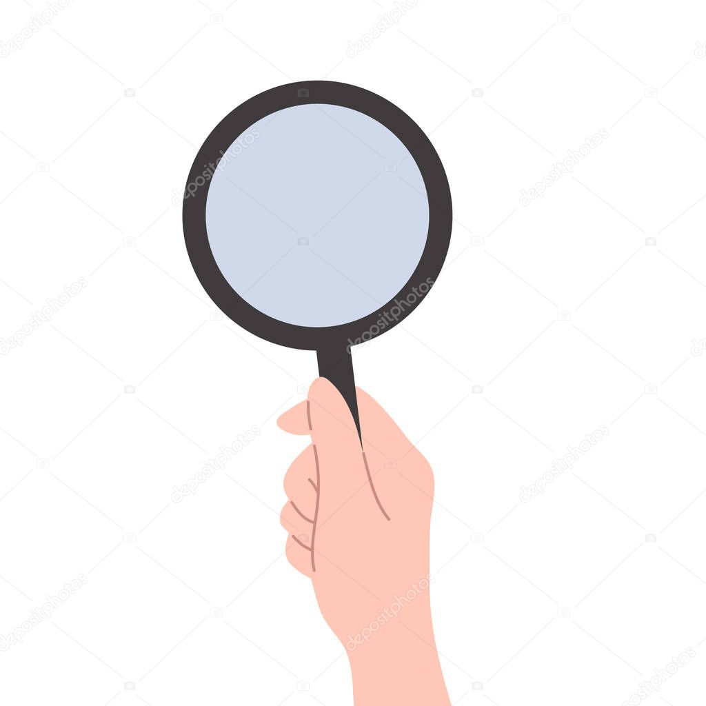 Vector cartoon illustration with hand holding a magnifying glass. Research or analysis concept. Cute fla illustration with black loupe. Inspection or examination