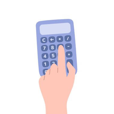 Hesap makinesindeki düğmeye elle basarak vektör illüstrasyonu. Çizgi film tarzında güzel sanat eserleri. Yatırım ve finans analitik kavramı. Elektronik eğitim aleti. Matematik öğrenme