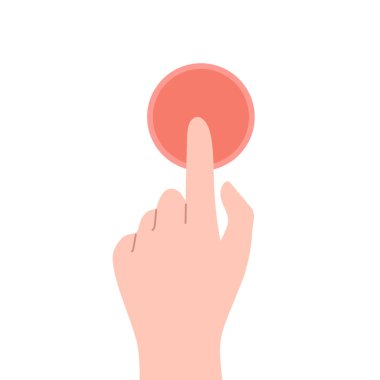 El ve parmak kırmızı düğmeye basılı vektör illüstrasyonu. Sosyal medya ve pazarlama kavramı. Başlamak için eylem. Çizgi film tarzında dokunmatik bir kavram. Beyaz arkaplanda izole