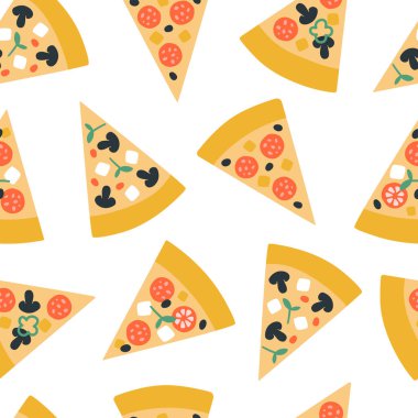 Pizza dilimleri ve farklı malzemelerle şirin vektörsüz desen. Kafe, restoran, menü, kutu tasarımı. Lezzetli İtalyan yemekleri. Mushrroms, pepperoni, peynir