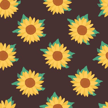 Vektörsüz desenli şirin karalama çizimi. Karanlık arka planda ayçiçekleri. Tekstil, tasarım, baskı malzemeleri için botanik desen. El çizimi illüstrasyon