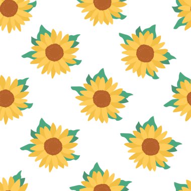 Ayçiçekli kusursuz şirin vektör deseni. Tekstil, şablon, kumaş ve basılı malzemeler için beyaz arka planda sarı çiçekler. Kavramsal tasarım botanik süsü