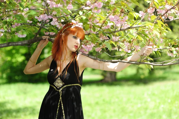 Genç ve güzel bir kadın, siyah, uzun elbiseli, bahar bahçesinde çiçek açan sakura 'nın arka planında. — Stok fotoğraf