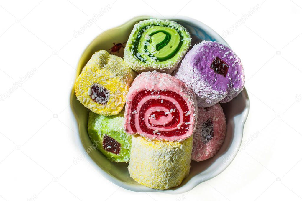 Turkish Delight in a porcelain vase on a white background , top view