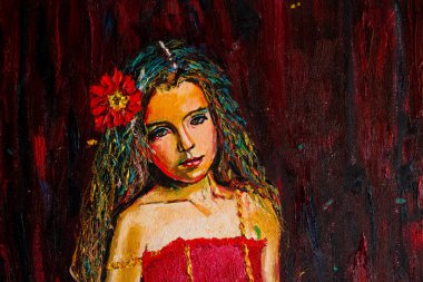 Kırmızı elbiseli bir kızın portresi. Orijinal resim. Güzel resim. Güzel yağlı boya resim. Fırça darbeleri ve branda dokuları.