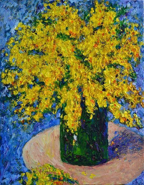 Beautiful original painting of a still life of Yellow flowers in a green vase. Oil on canvas — Stock Photo, Image