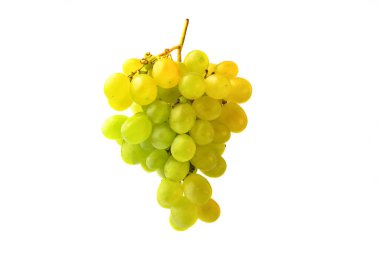 Beyaz arkaplanda taze yeşil üzümler izole edilmiş..