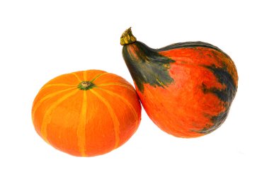 Beyaz arka planda iki portakal kabağı izole edilmiş.