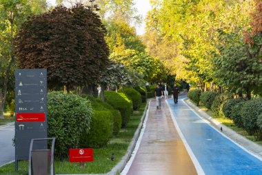 Taşkent, Özbekistan, 9 Ekim 2025: Güneşli bir sonbahar gününde yeşil bir şehir parkında renkli bir yaya yolu boyunca yürüyen insanlar. Ağaçları, işaretleri ve yürüyüş yolları olan kentsel dinlenme alanı.