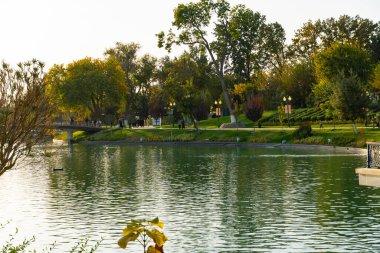 Taşkent, Özbekistan, 18 Ekim 2025: Güneşli bir günde insanların gölde yürüdüğü huzurlu şehir parkı. Sakin su, yeşil ağaçlar ve sıcak akşam ışığı rahatlatıcı bir kentsel doğa sahnesi yaratır.